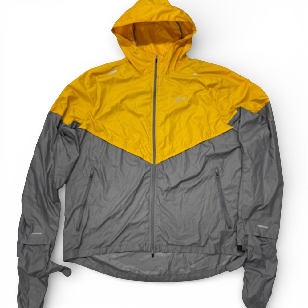 Nike Shield Running Jacket Men Large Lightweight Hooded Windbreaker Yellow Gray
